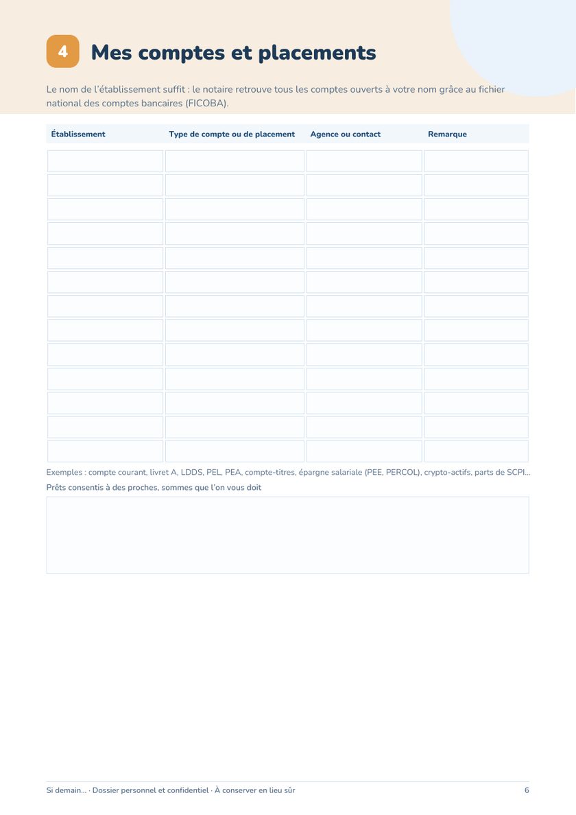 Page du dossier : mes comptes et placements